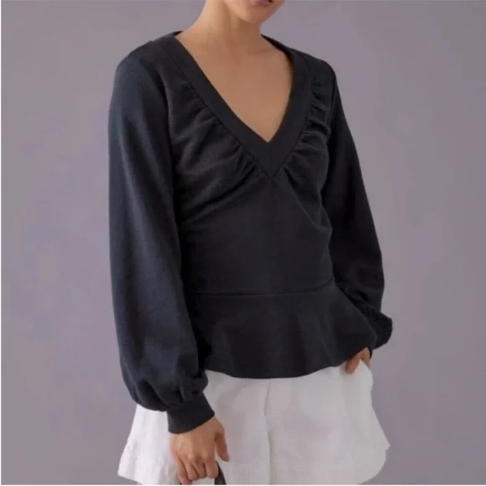 Maeve Anthropologie Ruched Peplum Sweatshirt Black L Feminine Casual Top
